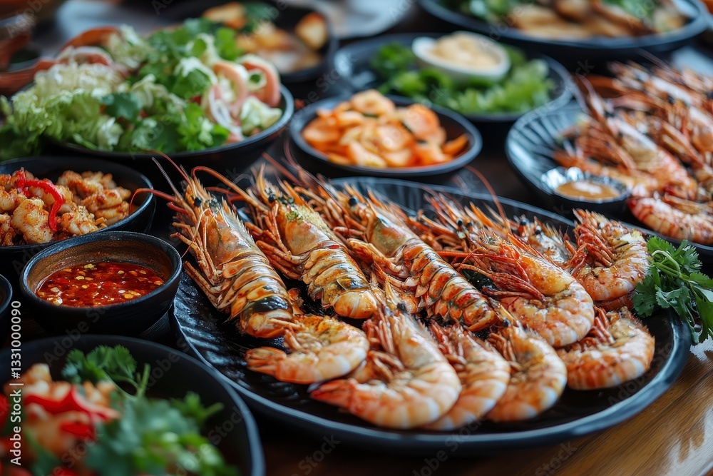Grilled Prawns and Shrimp Seafood Platter with Side Dishes Grilled Prawns and Shrimp Seafood Platter with Side Dishes
