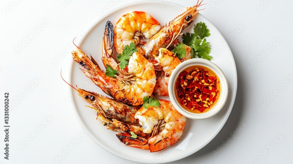 Grilled Prawns with Chili Garlic Sauce on White Plate Grilled Prawns with Chili Garlic Sauce on White Plate
