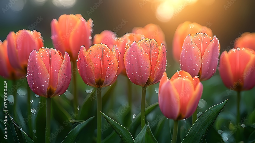 Fototapeta premium Dew kissed Coral Tulips in a Spring Garden at Sunrise