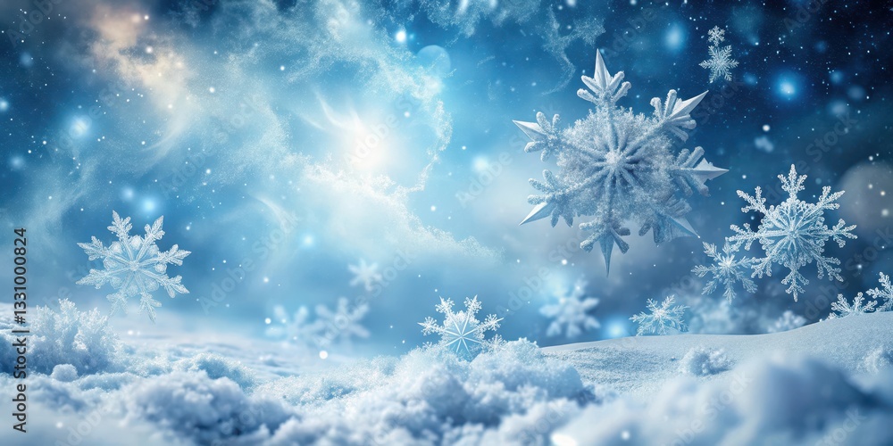 Frosty ice crystals falling from a snowy sky, surrounded by swirling snowflakes and white clouds , nature, winter Frosty ice crystals falling from a snowy sky, surrounded by swirling snowflakes and white clouds , nature, winter