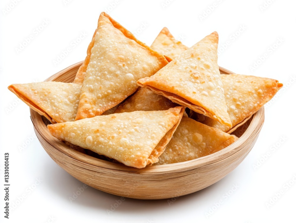 Crispy golden samosas stacked in a wooden bowl showcasing traditional Indian and Middle Eastern street food with delicious spicy fillings for authentic culinary enjoyment Crispy golden samosas stacked in a wooden bowl showcasing traditional Indian and Middle Eastern street food with delicious spicy fillings for authentic culinary enjoyment