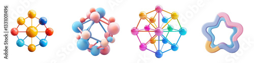 Four colorful molecular structures are displayed on a white background isolated on white or transparent