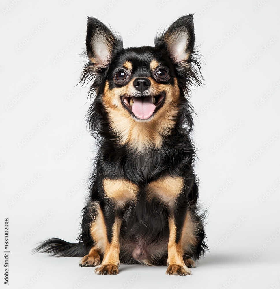 Happy Black And Tan Chihuahua Dog Sitting On Light Gray Background Happy Black And Tan Chihuahua Dog Sitting On Light Gray Background