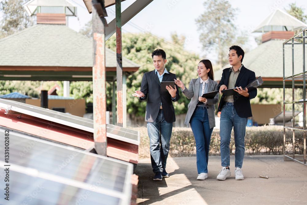 Fototapeta premium Sustainable business initiative. Professionals discussing solar energy solutions outdoors.