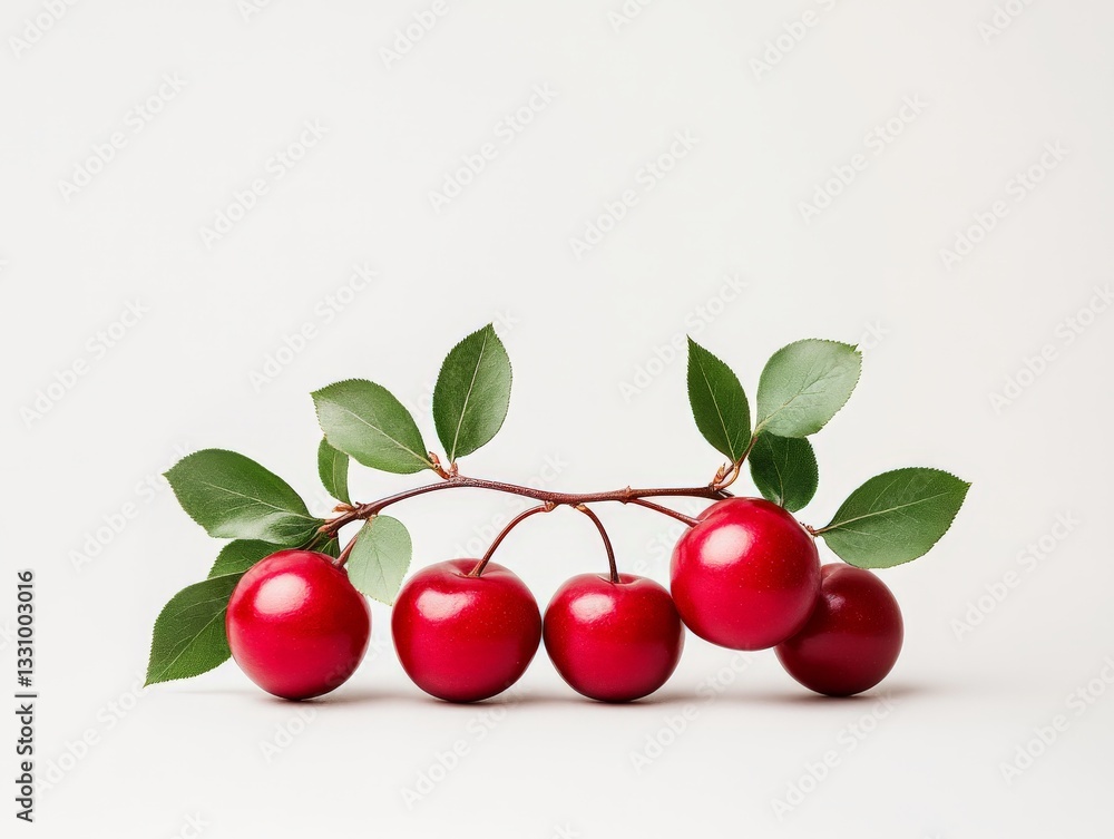 Freshly picked vibrant red cherries with green leaves on a white surface representing organic fruit natural sweetness summer harvest healthy snacking antioxidant rich food and farm to table produce Freshly picked vibrant red cherries with green leaves on a white surface representing organic fruit natural sweetness summer harvest healthy snacking antioxidant rich food and farm to table produce