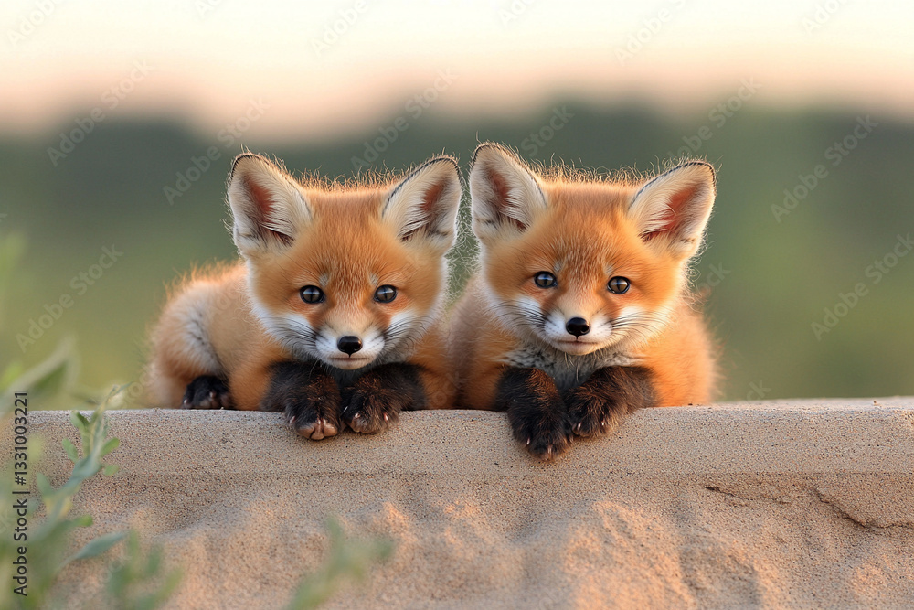 Fototapeta premium photograph of two fox cubs sitting on the board