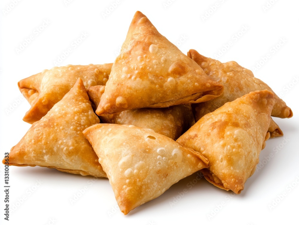 Crispy golden samosas arranged on a white background showcasing traditional deep fried pastry filled with flavorful spiced ingredients Crispy golden samosas arranged on a white background showcasing traditional deep fried pastry filled with flavorful spiced ingredients