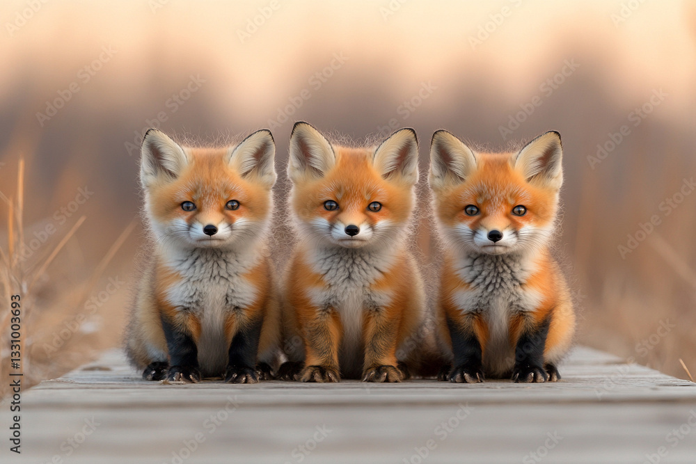 Obraz premium photograph of two fox cubs sitting on the boardwalk in a beau