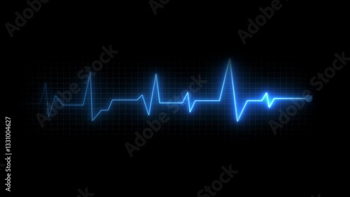 Heart beat pulse. Glowing neon blue heart cardiogram line on dark background. Electrocardiogram show heart beat line
