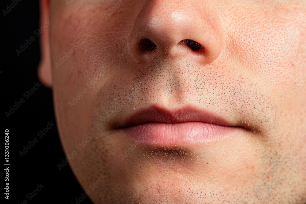 A close-up of a man's mouth and chin, highlighting smooth skin and subtle facial features against a dark background. A close-up of a man's mouth and chin, highlighting smooth skin and subtle facial features against a dark background.