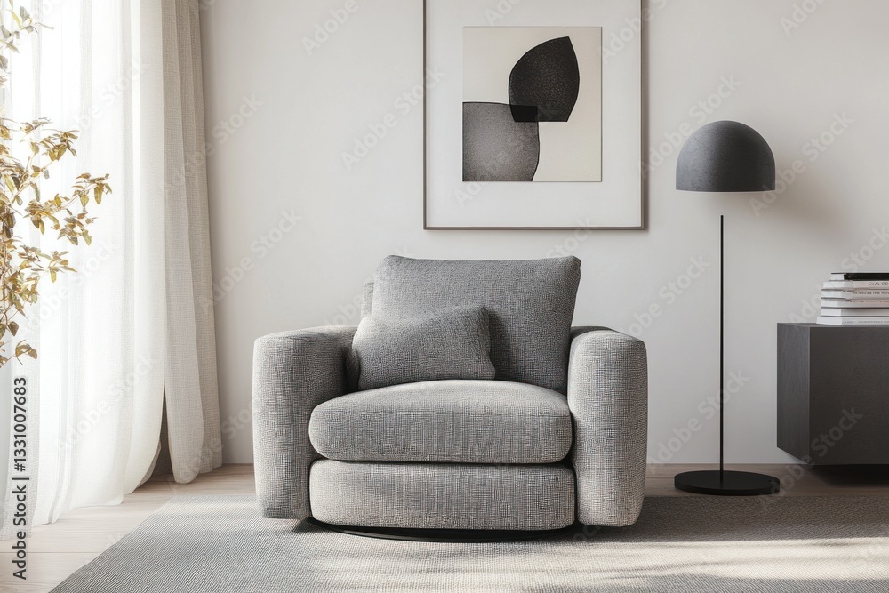 Fototapeta premium Modern swivel armchair in a bright living room with abstract art