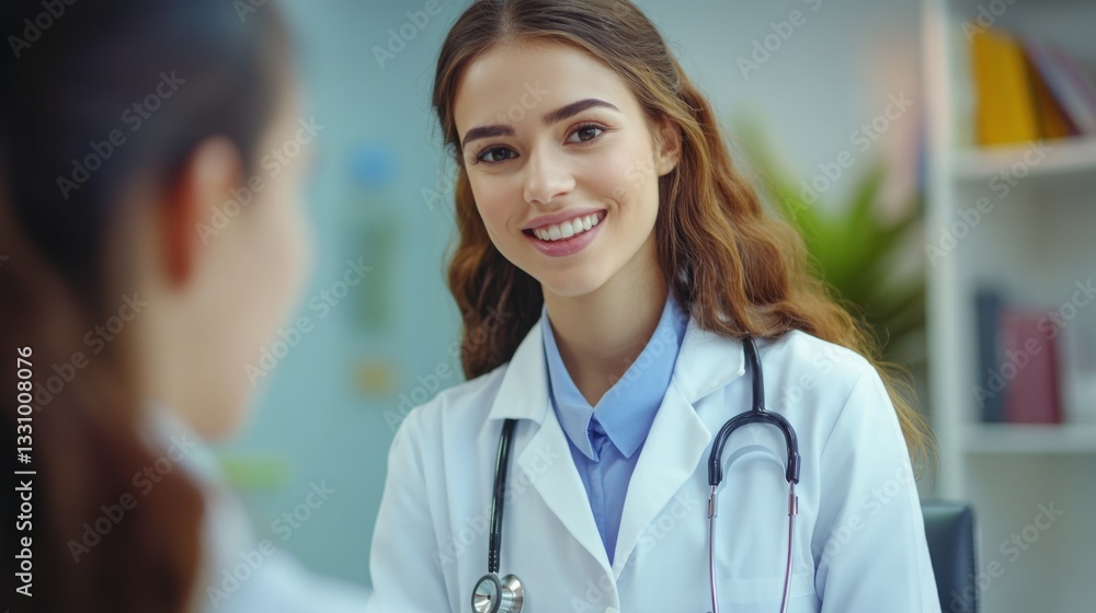 Young female doctor smiling while consulting with a patient in a modern medical office Young female doctor smiling while consulting with a patient in a modern medical office