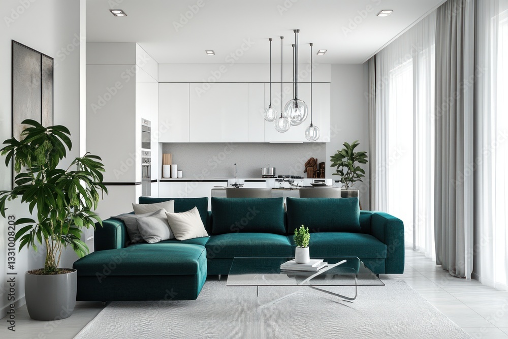 Modern teal sectional sofa in open-plan kitchen-living area with pendant lights Modern teal sectional sofa in open-plan kitchen-living area with pendant lights