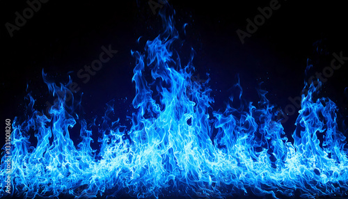 鮮やかな青い炎が闇の中で舞い上がる幻想的な光景。generative ai
