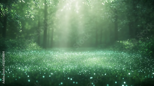 Lush green forest with soft light filtering through trees, creating a serene atmosphere.