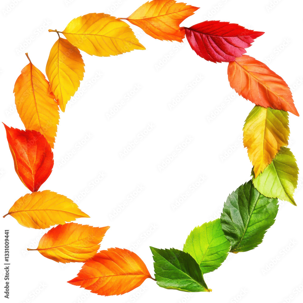 Fototapeta premium Circle of Colorful Autumn Leaves in Gradient Isolated on White Background