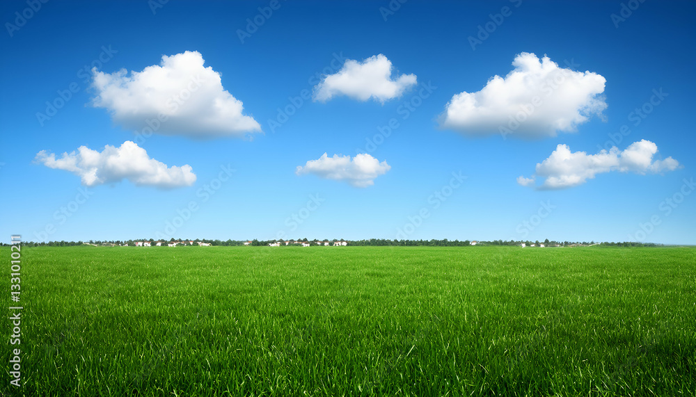 Serene landscape of a vast green field under a bright blue sky with fluffy white clouds. Ideal for backgrounds, nature themes, and peaceful imagery. Serene landscape of a vast green field under a bright blue sky with fluffy white clouds. Ideal for backgrounds, nature themes, and peaceful imagery.