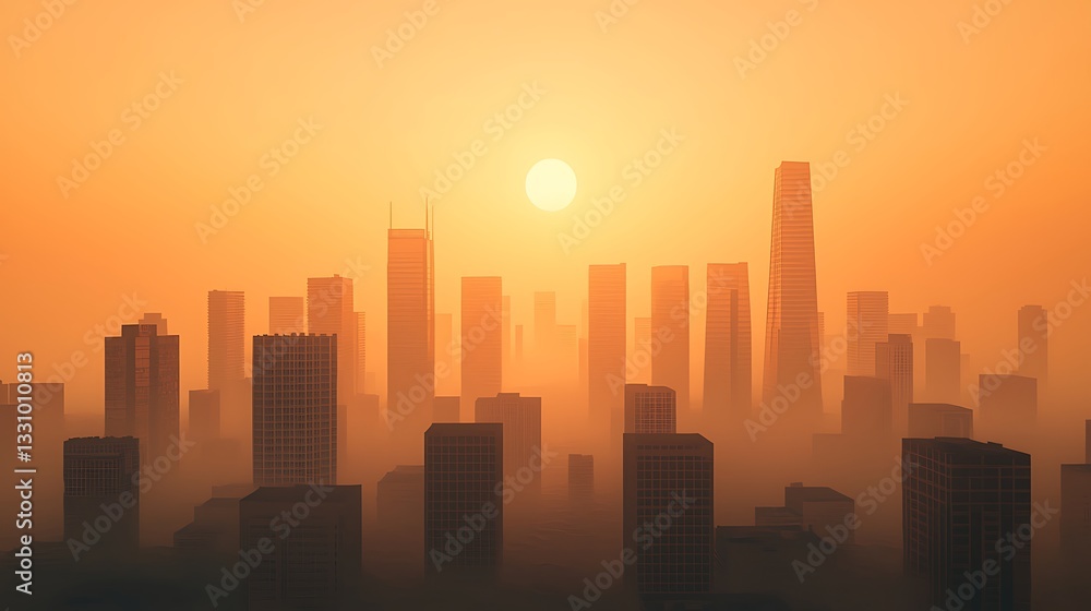 Naklejka premium A city skyline at sunset, enveloped in a warm golden hue, showcasing tall buildings silhouetted against a hazy sky.