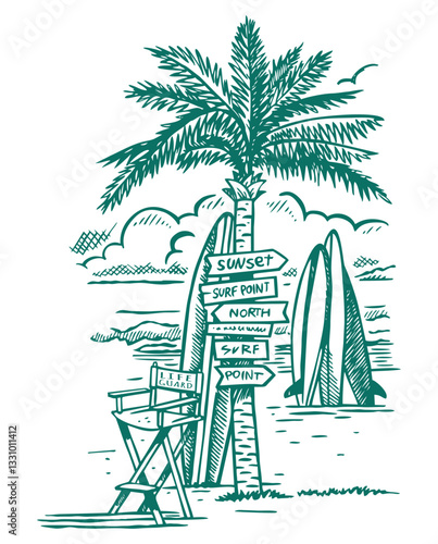 Hand drawn beach landscape art featuring lifeguard chairs, surfboards and directional signs.