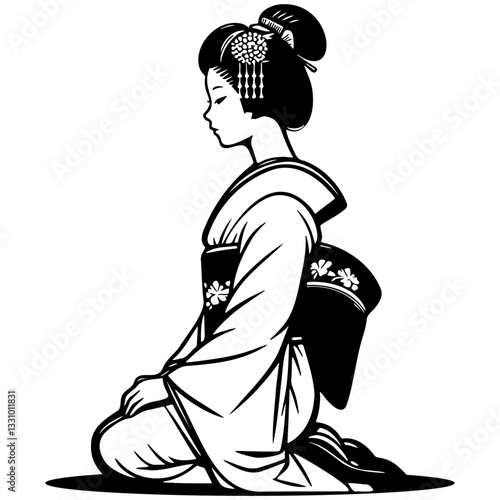 Japanese Woman Wearing Kimono Bowing.