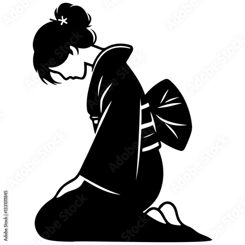 Japanese Woman Wearing Kimono Bowing.