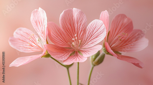 A close-up of 3 pink flowers with four petals. Blooming on a slender branch against a light, sweet background. The soft natural light enhances the details of the flowers.