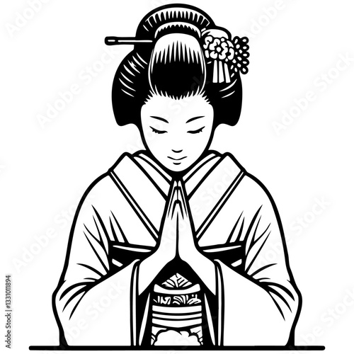 Japanese Woman Wearing Kimono Bowing.