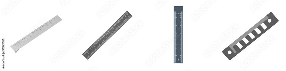 Four differently styled rulers are angled and isolated against a white background in this still life graphic isolated on white or transparent Four differently styled rulers are angled and isolated against a white background in this still life graphic isolated on white or transparent