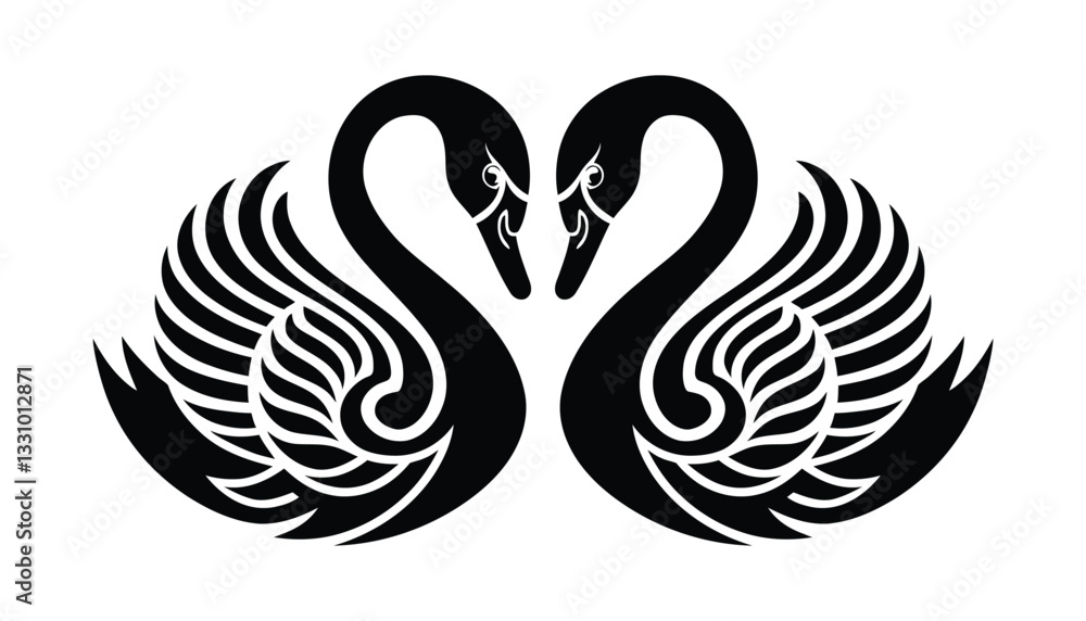 Fototapeta premium Swan Couple Icon. Elegant Black Silhouette Love Birds and Romantic Symbol Vector.