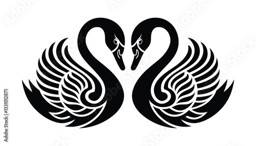 Swan Couple Icon. Elegant Black Silhouette Love Birds and Romantic Symbol Vector.