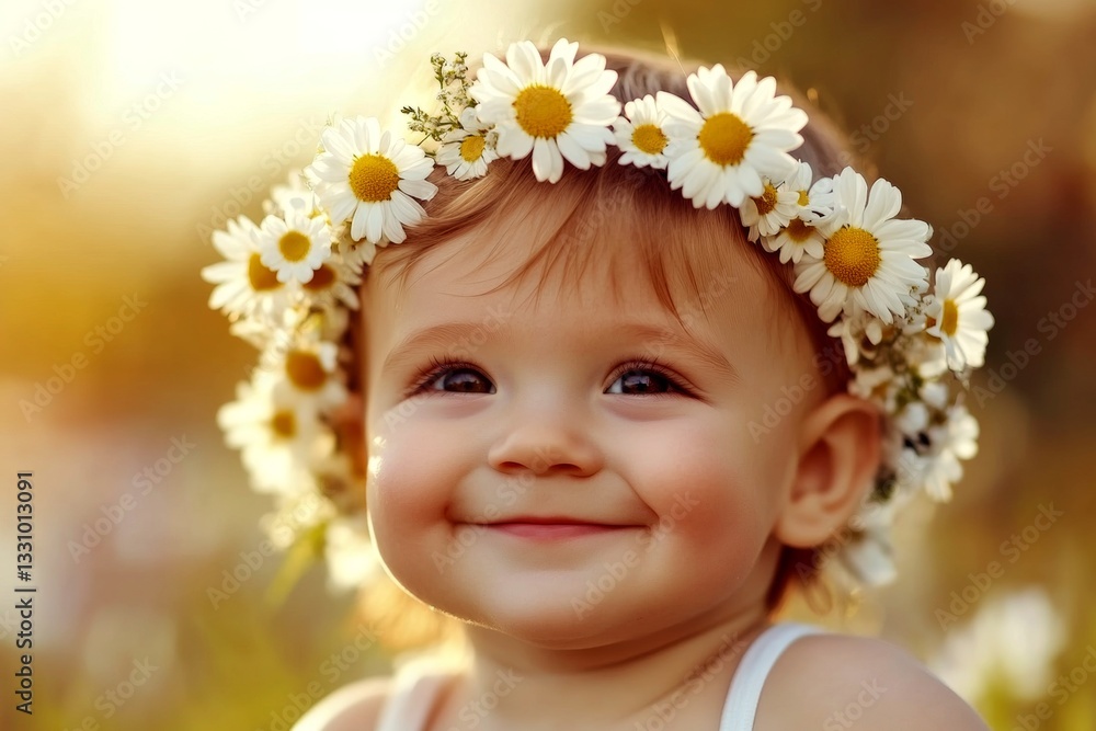 Happy warm season holidays idea. Happy caucasian infant boy with brown hair wearing white flower crown on his head. Sunny daylight. Dreamy summer vacation for boys. Child with nature’s beauty. Happy warm season holidays idea. Happy caucasian infant boy with brown hair wearing white flower crown on his head. Sunny daylight. Dreamy summer vacation for boys. Child with nature’s beauty.
