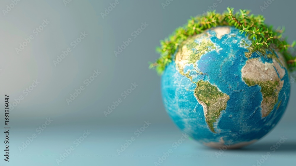 A globe covered in lush greenery and wind turbines symbolizes sustainable development and clean energy management. Defined edges and detailed textures. A globe covered in lush greenery and wind turbines symbolizes sustainable development and clean energy management. Defined edges and detailed textures.