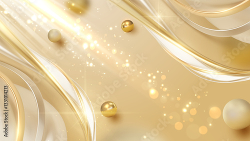 Cream luxury background with metallic curves and golden balls with glowing effect decoration.