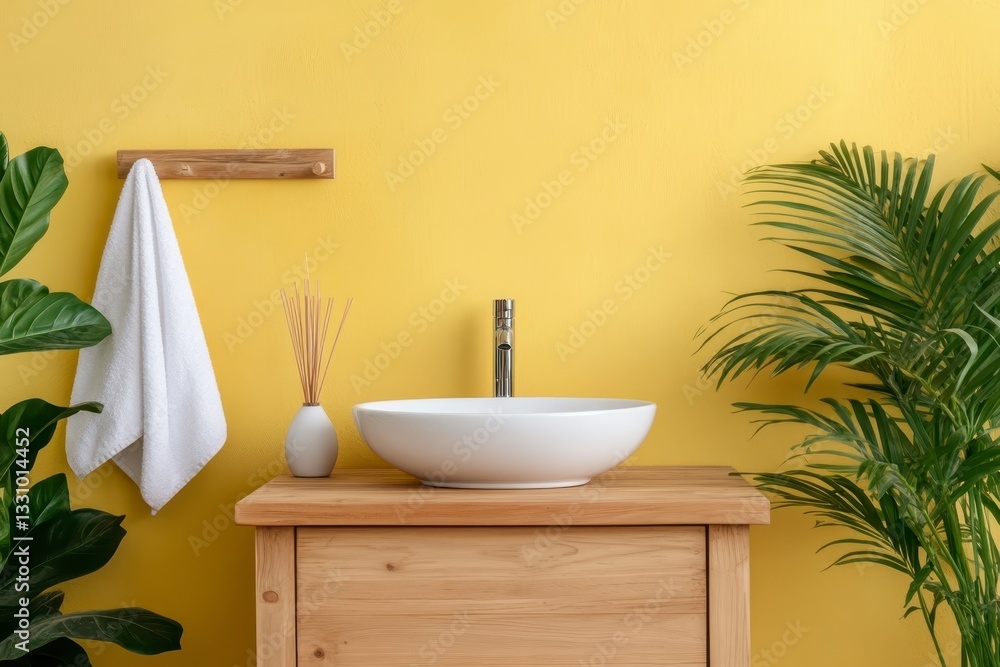 Fototapeta premium Modern Yellow Bathroom Interior with Wooden Vanity and Tropical Plants
