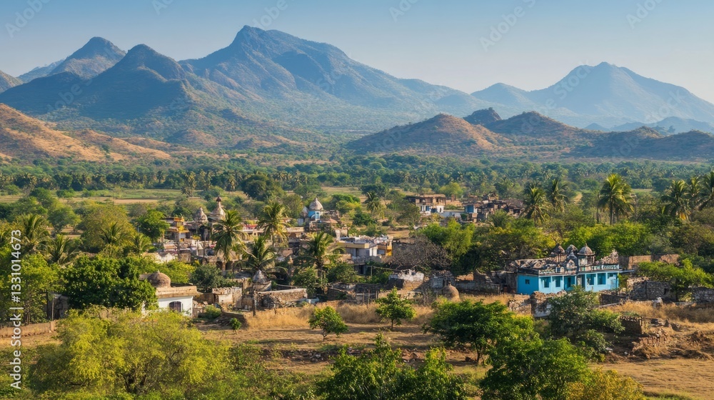 Fototapeta premium Picturesque Indian Village Nestled Amongst Lush Greenery And Stunning Mountain Backdrop. Serene And Rural Landscape.