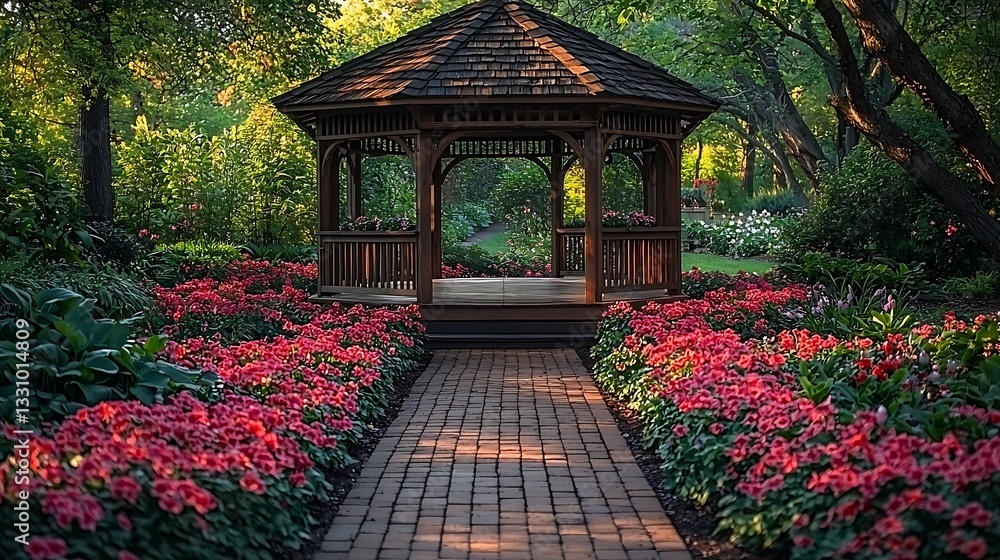 Serene Garden Path Leading to Wooden Gazebo with Vibrant Red Flowers Serene Garden Path Leading to Wooden Gazebo with Vibrant Red Flowers