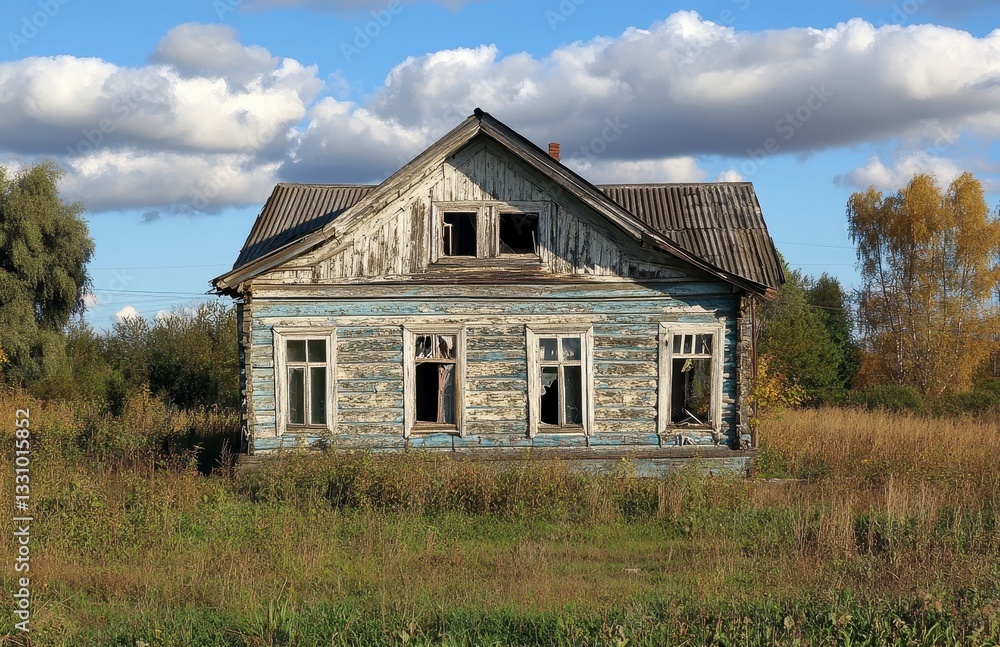 Overgrown Derelict Blue Wooden House in Rural Field Overgrown Derelict Blue Wooden House in Rural Field