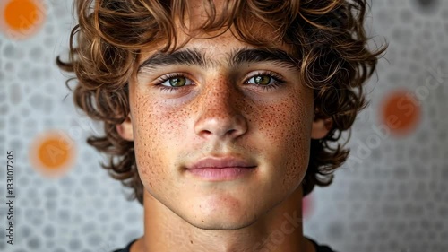 Portrait of a Teenager with Curly Hair and Freckles