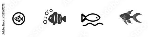 Four fish icons, including silhouette and line art, on a white background isolated on white or transparent