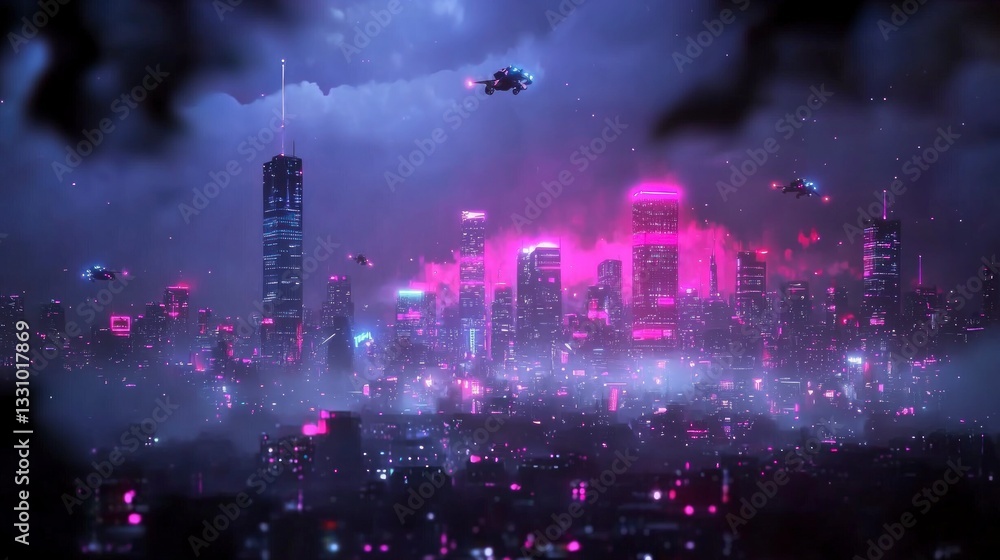 Obraz premium Futuristic Cityscape Neon Lights Flying Cars Cyberpunk Metropolis