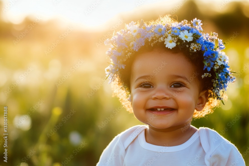 Dawn light. Happy warm season holidays layout. Smiling mixed-race infant boy with tt hair wearing blue flower circlet on his head. Sunshine and flowers for kids. Beautiful summer childhood. Dawn light. Happy warm season holidays layout. Smiling mixed-race infant boy with tt hair wearing blue flower circlet on his head. Sunshine and flowers for kids. Beautiful summer childhood.