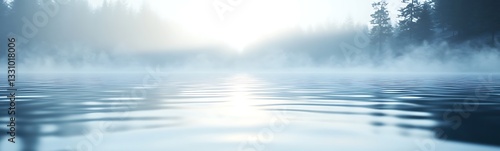 Misty morning light over tranquil water with gentle ripples and trees in the background.