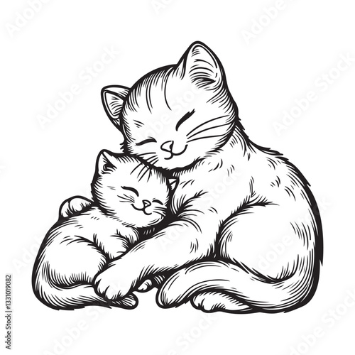 Line art of kitten sleeping beside mother cat cartoon vector