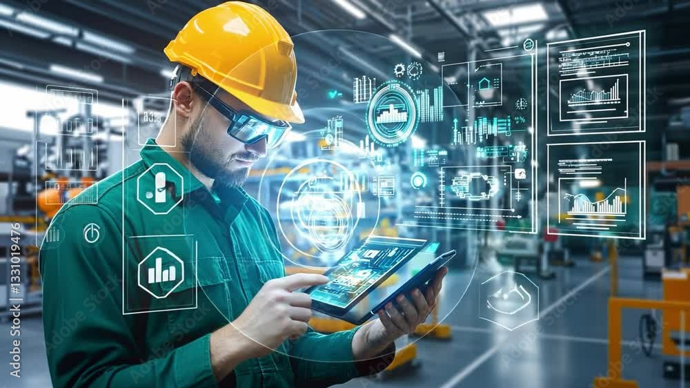Engineer's Augmented Reality: A skilled engineer in a safety helmet and eyewear, intently studying a digital tablet displaying augmented reality interface. Engineer's Augmented Reality: A skilled engineer in a safety helmet and eyewear, intently studying a digital tablet displaying augmented reality interface.