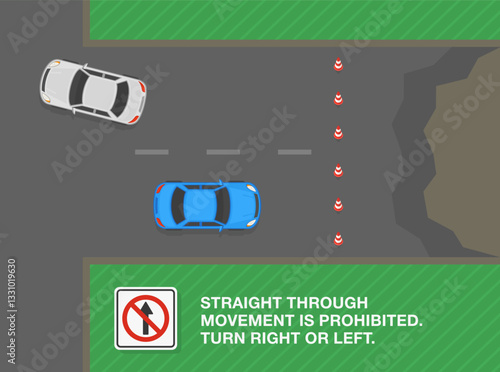 Safe driving tips and traffic regulation rules. No straight through sign meaning. Movement is prohibited, turn right or left. Top view cars turning back. Flat vector illustration template.