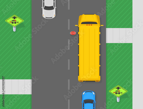 Traffic regulation and driving tips. School bus stop ahead sign area. Yellow bus stops to pick up or drop off students. Top view. Flat vector illustration template.
