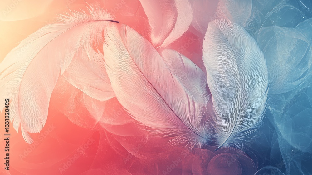 Floating white feathers set against a delicate gradient with abstract circular patterns Floating white feathers set against a delicate gradient with abstract circular patterns