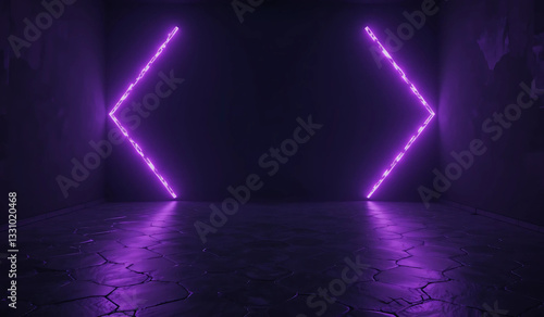 Abstract image of two purple neon arrow lights illuminating a dark, textured floor. Perfect for backgrounds, music videos, or any project