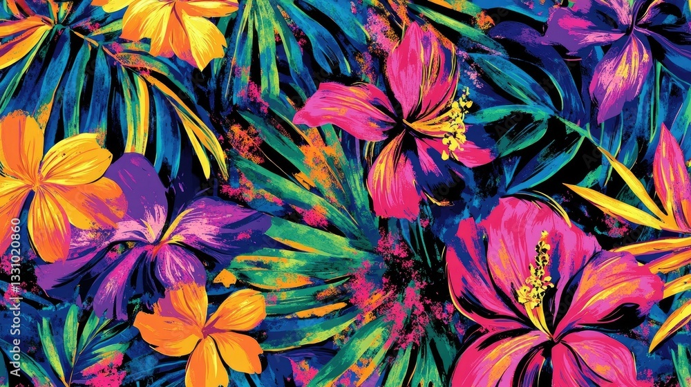 Floral brush repeat strokes seamless pattern with tropical plants Floral brush repeat strokes seamless pattern with tropical plants