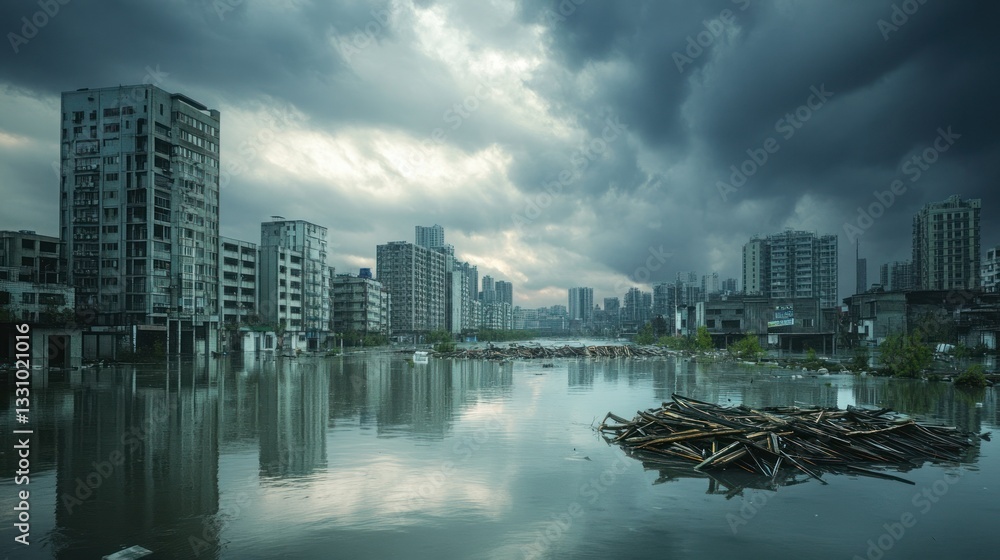 Fototapeta premium Flooded, abandoned city skyline under storm clouds